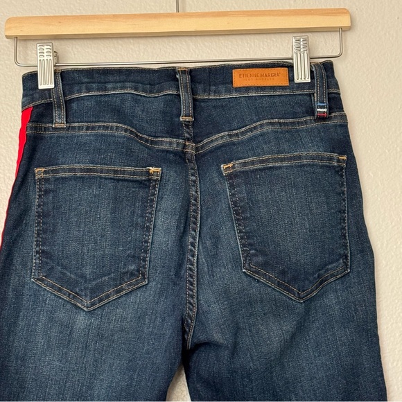 Etienne Marcel Indigo Side Zip Red Ribbon Tuxedo Stripe Skinny Jeans Size 27 - Picture 8 of 10